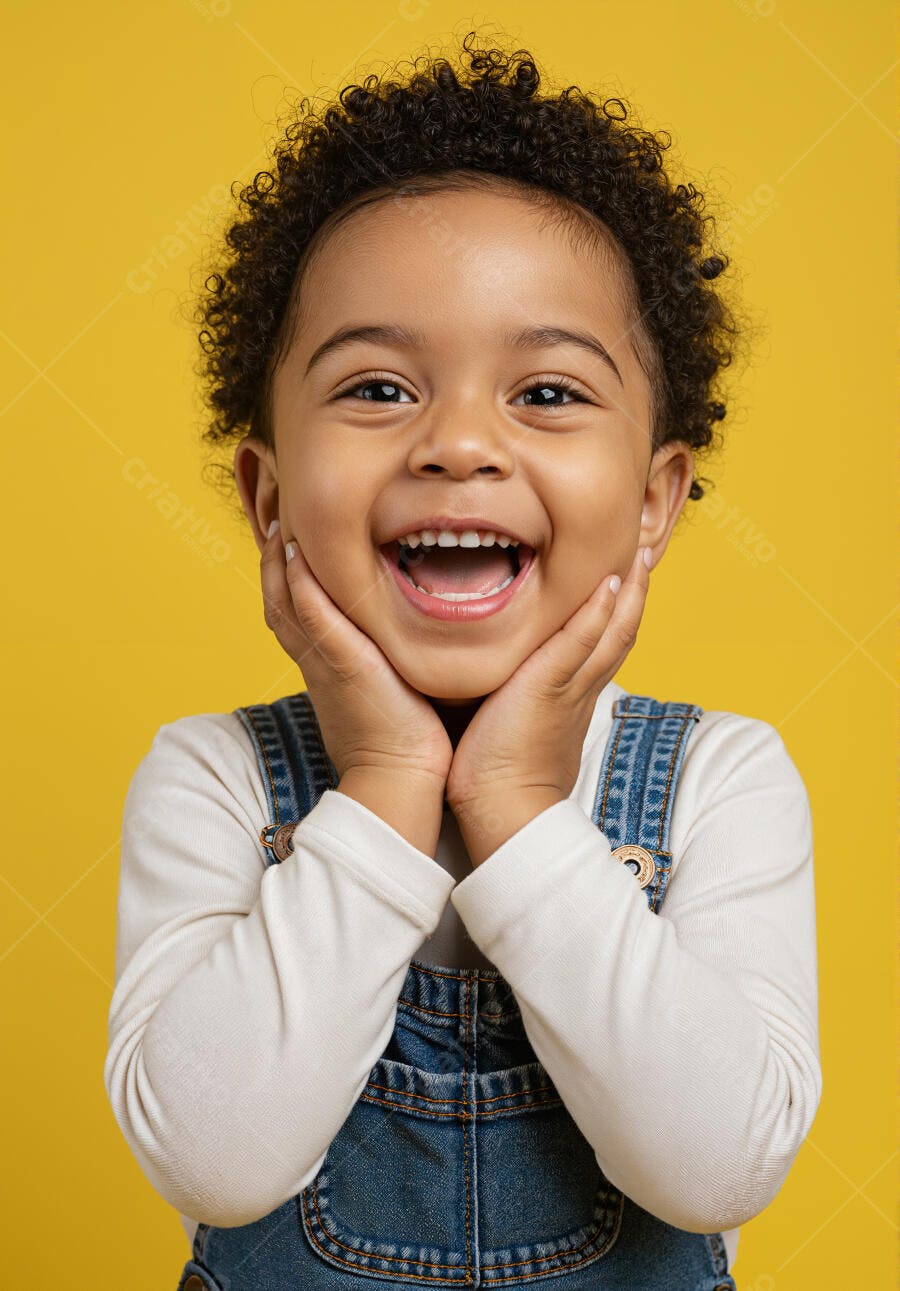 Criança negra rindo fundo amarelo