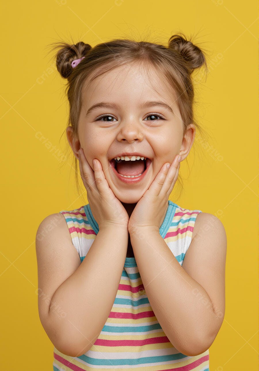 Criança rindo fundo amarelo roupa listrada