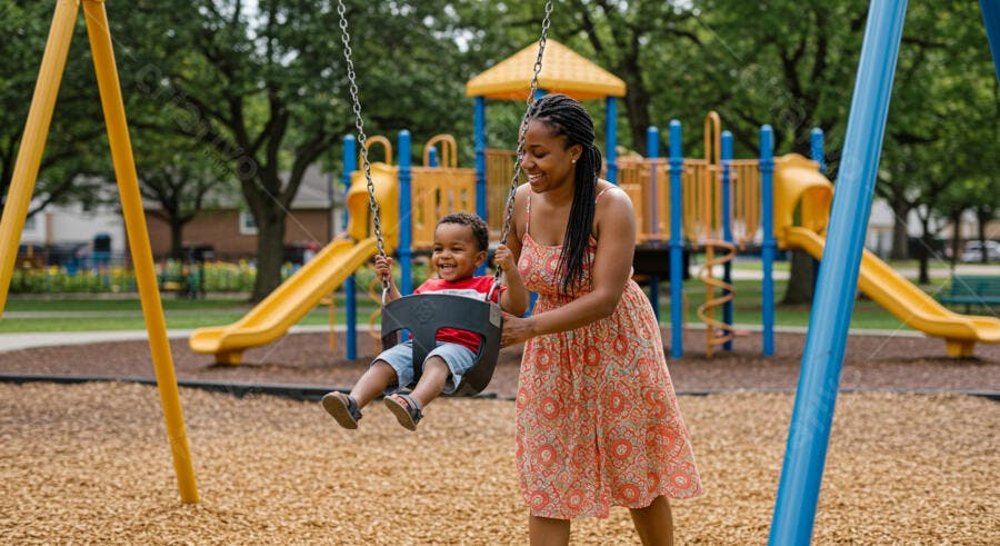 Mãe negra empurra filho no balanço do parque