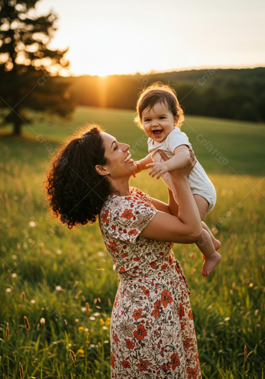Mãe e bebê sorrindo ao pôr do sol