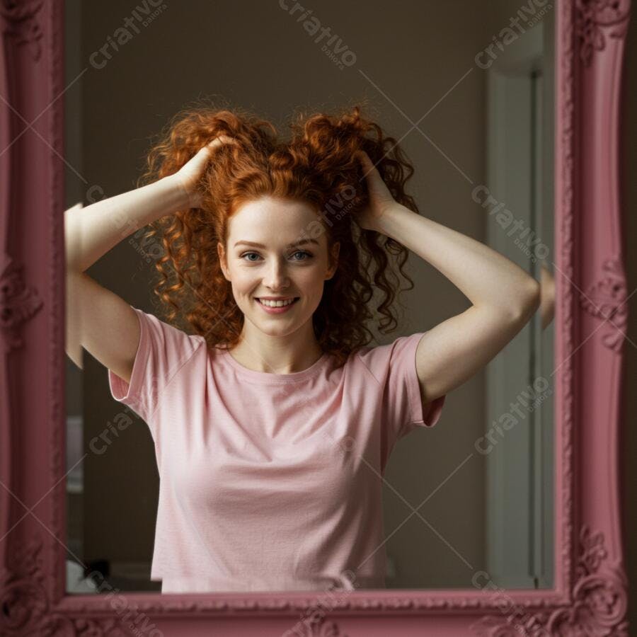 Mulher ruiva sorrindo no espelho