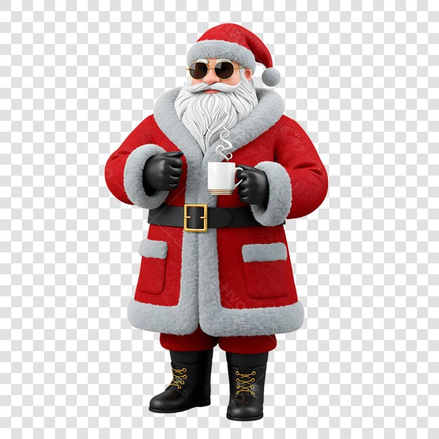Personagem 3D Papai Noel com Caneca e Óculos de Sol Natal PNG com fundo transparente