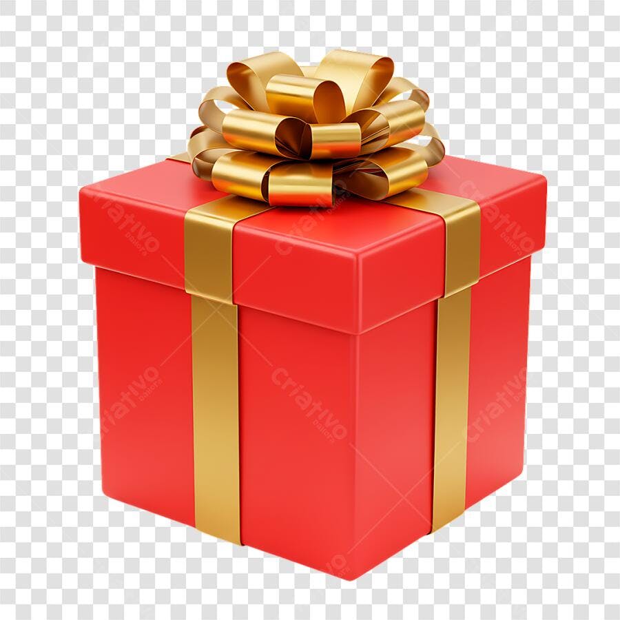 Caixa de Presente 3D Vermelha com Laço Dourado para Aniversário Natal PNG com fundo transparente