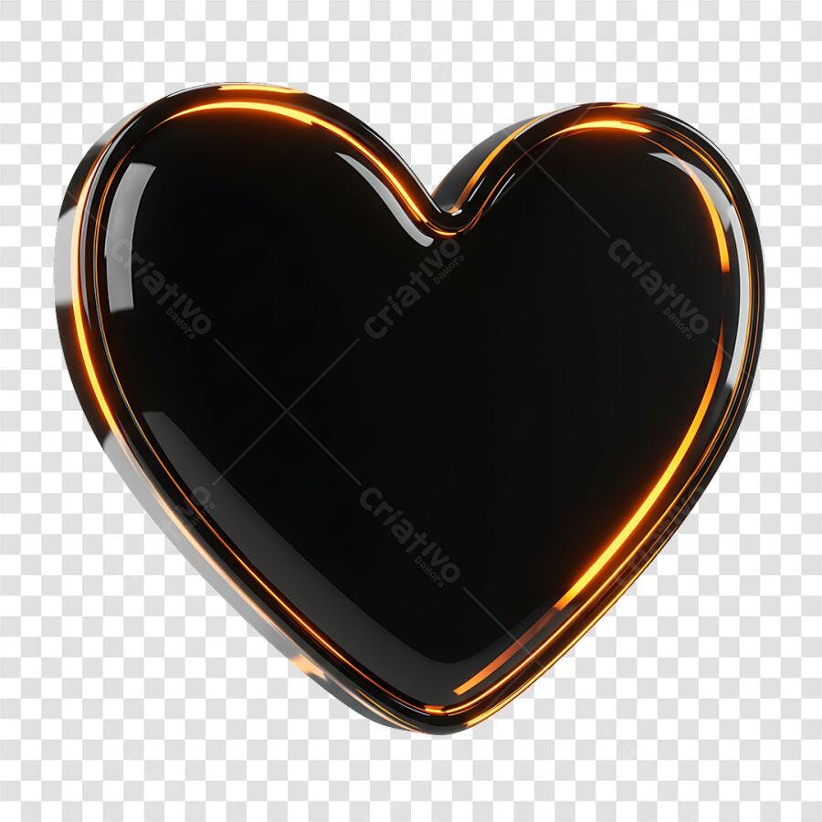 Selo Coração Preto Neon 3D PNG com fundo transparente