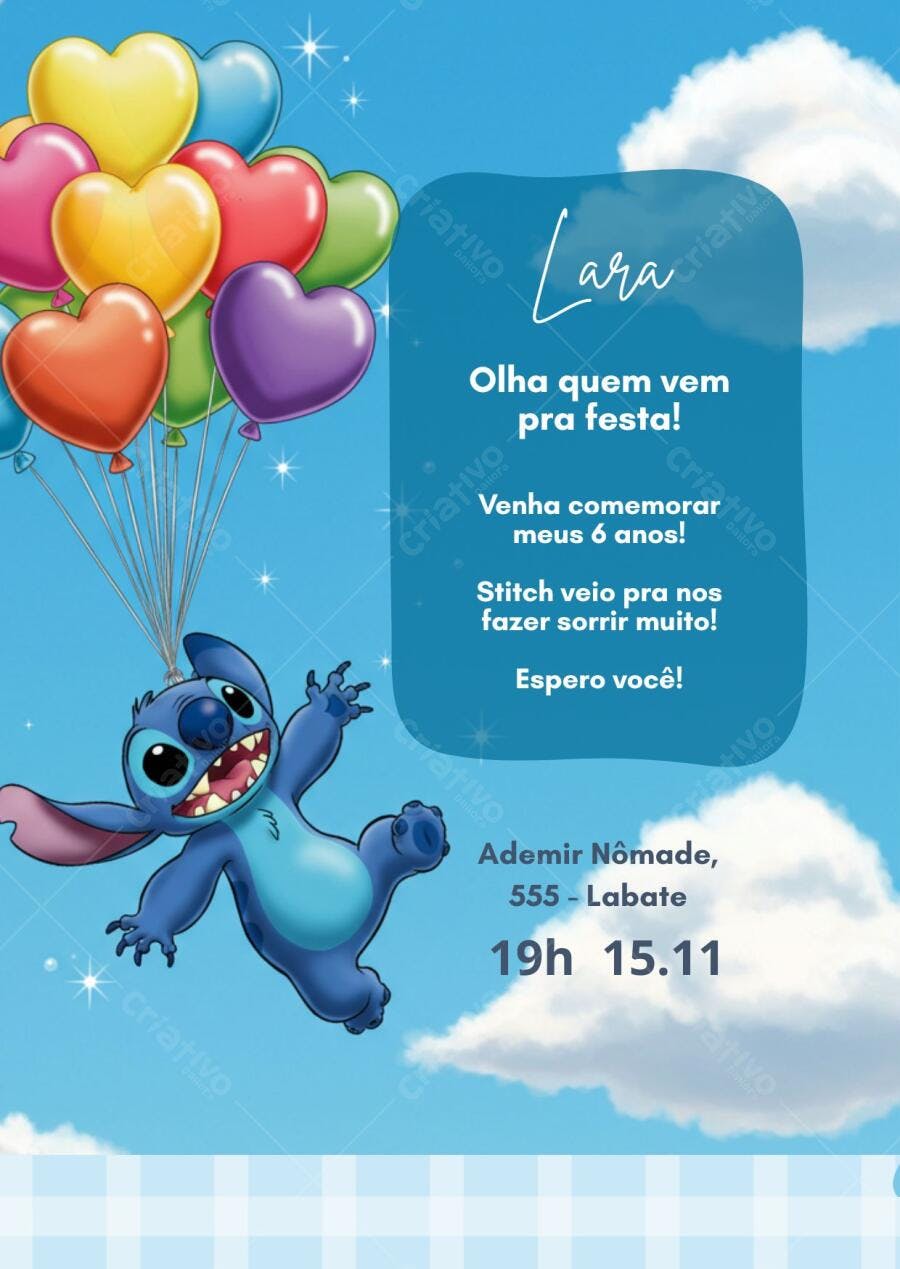 Convite de aniversário infantil Stitch Disney com balões coloridos no céu Editável no Canva