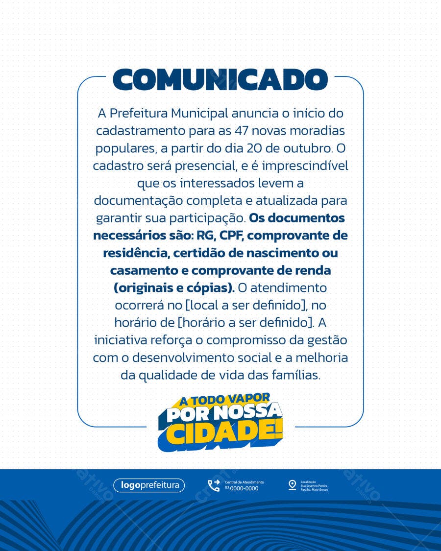 Comunicado Prefeitura: PSD Editável para Cadastro Moradias Populares