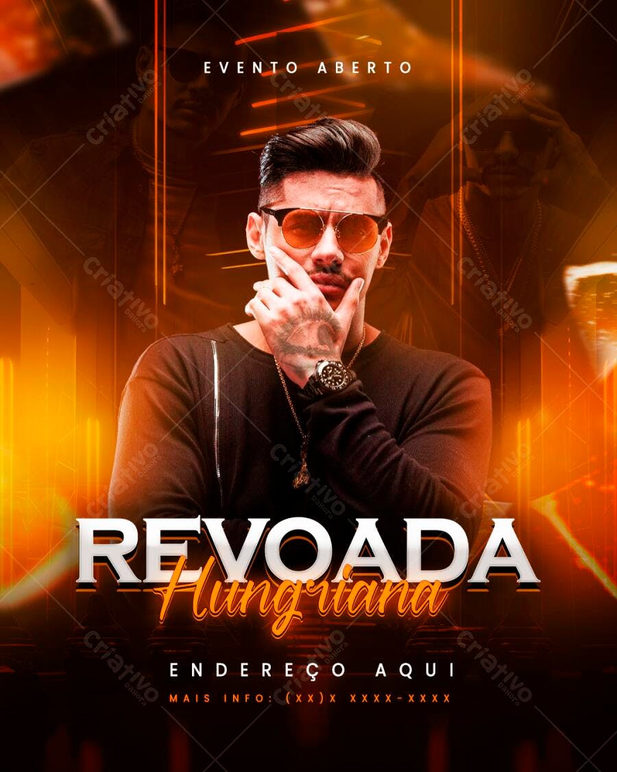 Flyer Festa Revoada Hungriana para Evento Aberto Artista Masculino PSD Editável