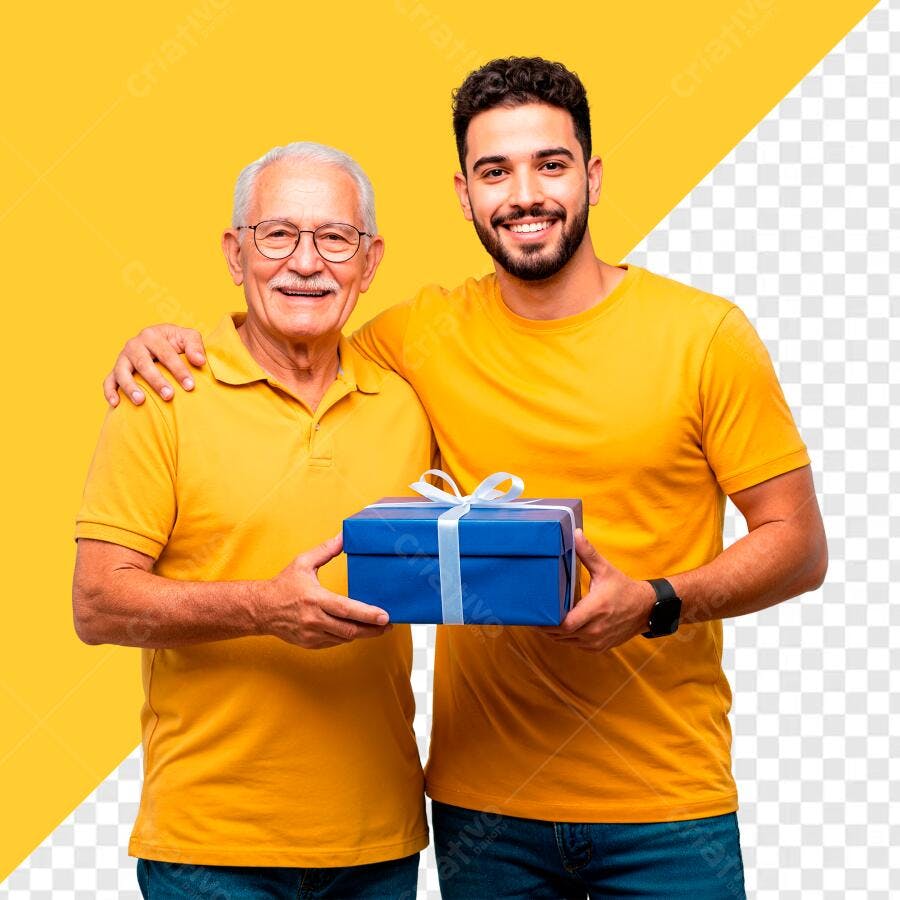 Post Dia dos Pais Pai e Filho Sorrindo Presente Azul Amarelo PNG com fundo transparente