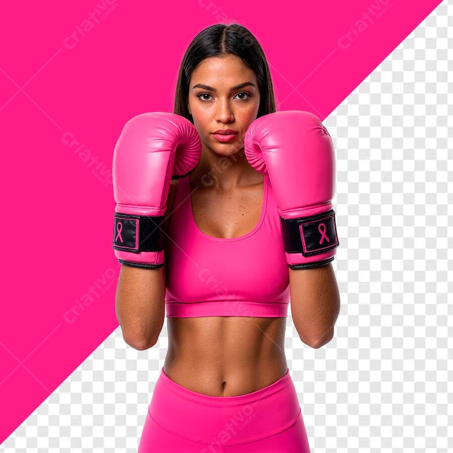 Imagem Outubro Rosa Mulher Boxeadora Latina com Luvas Rosa PNG com fundo transparente