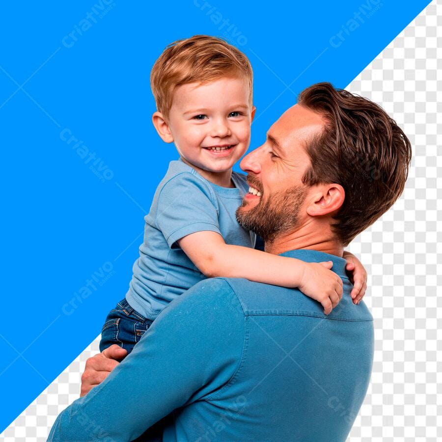 Post Instagram Dia dos Pais Pai e Filho Caucasianos Felizes Azul PNG com fundo transparente