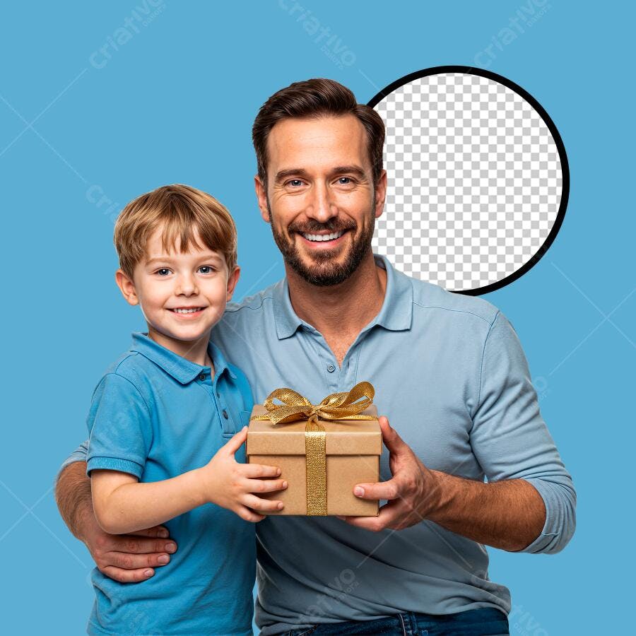 Post Dia dos Pais Pai e Filho Caucasiano com Presente Azul Dourado PNG com fundo transparente
