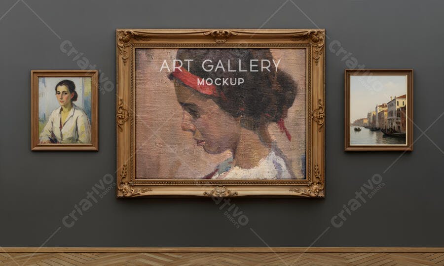 Mockup Quadro Arte: Retrato Mulher, Moldura Dourada
