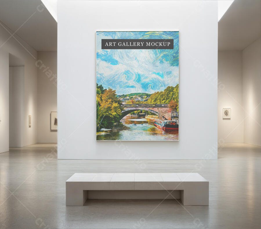 Mockup de Quadro em Galeria de Arte com Paisagem Impressionista