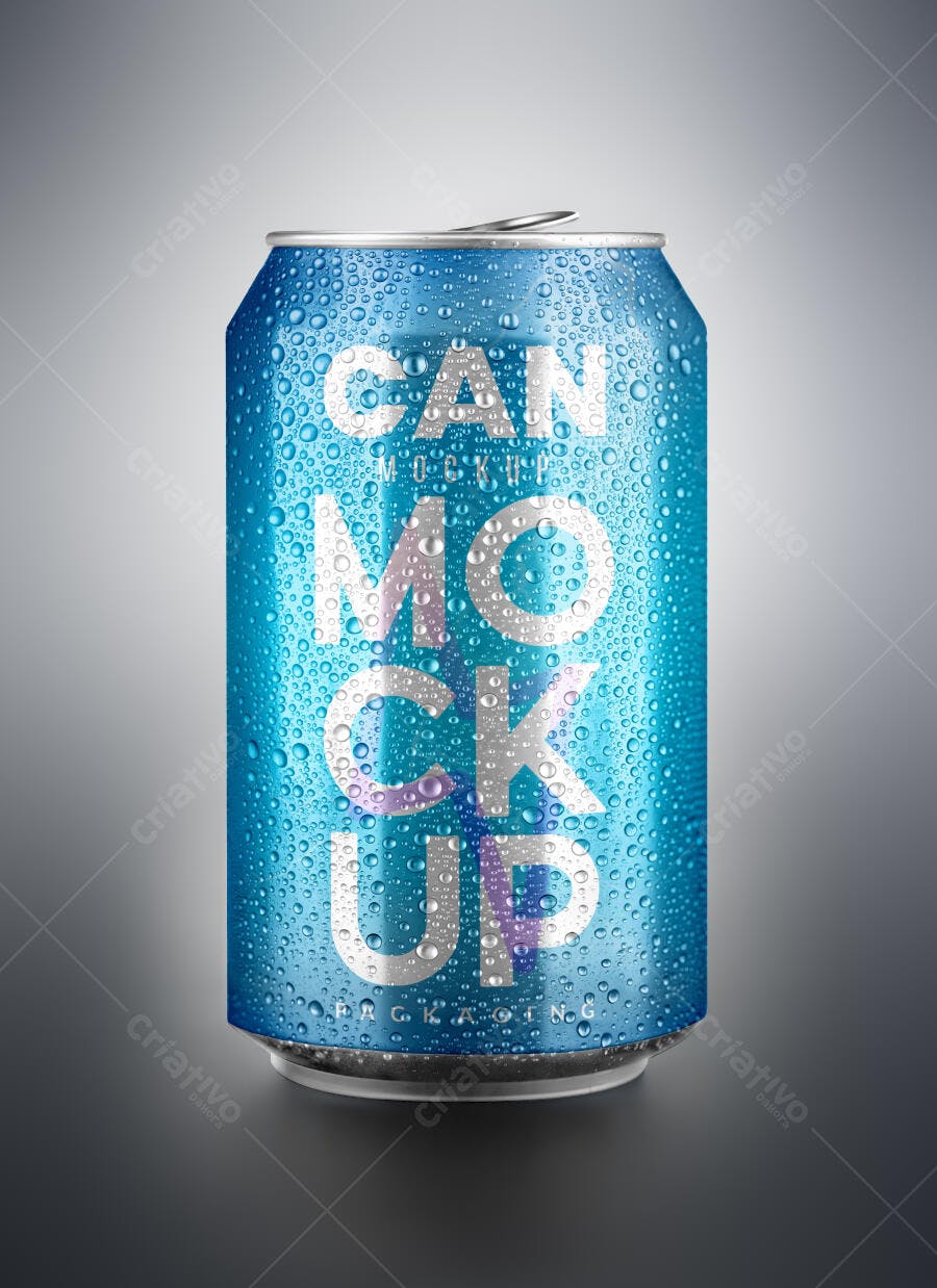 Mockup Lata Bebida - Design Azul com Gotas de Água