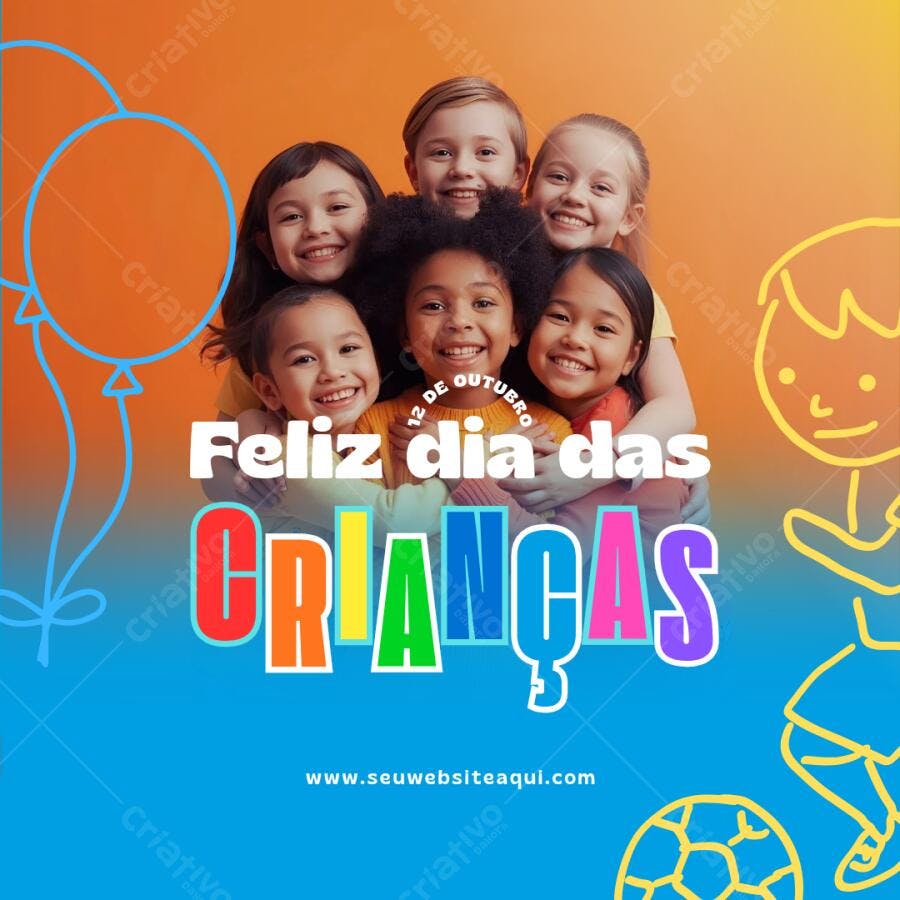 Post Instagram Dia das Crianças com crianças diversas felizes colorido Editável no Canva