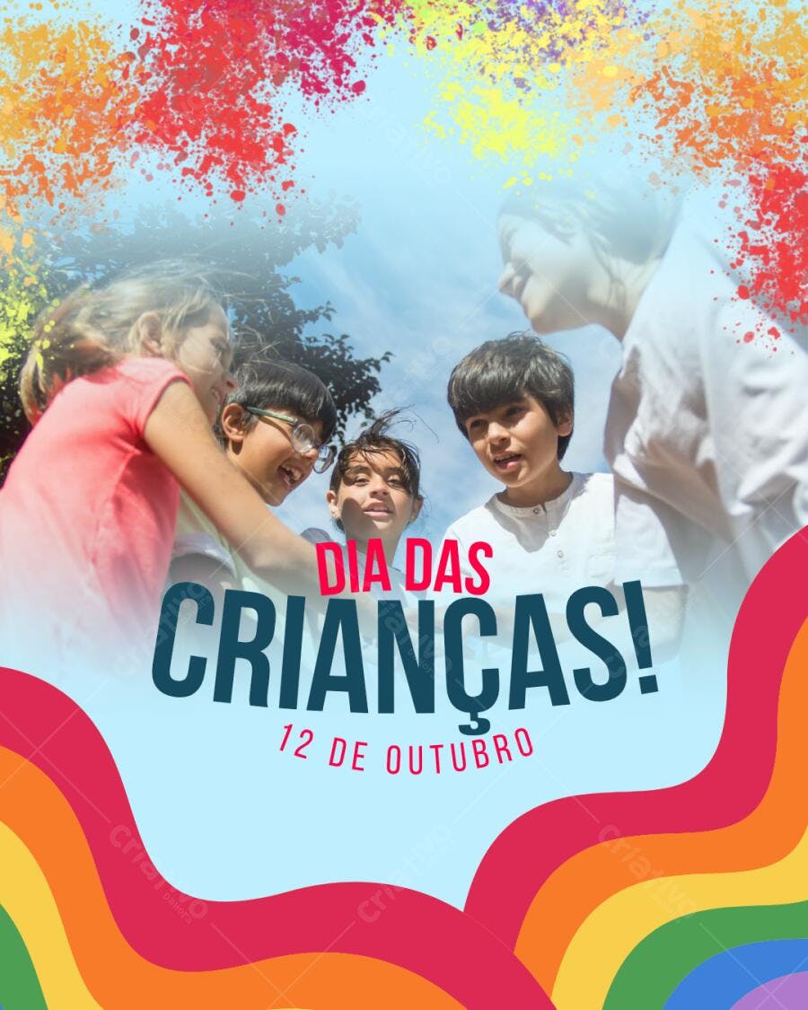 Post Instagram Dia das Crianças com crianças sorrindo e cores vibrantes Editável no Canva