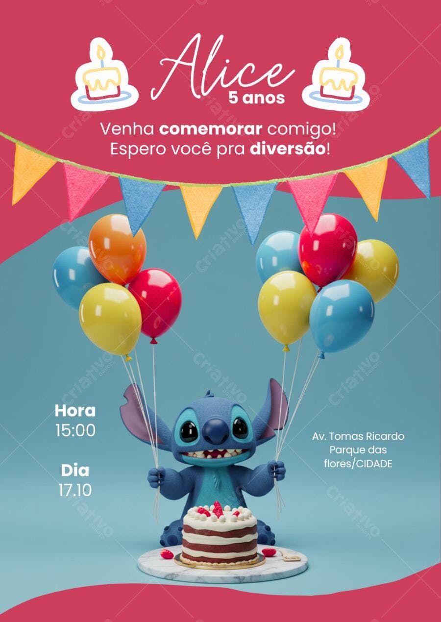 Convite de aniversário infantil Stitch e balões coloridos com fundo rosa e azul claro Editável no Canva