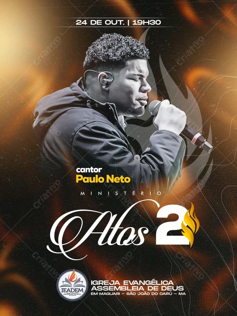Flyer Evento Gospel Atos 2 Cantor Paulo Neto PSD Editável
