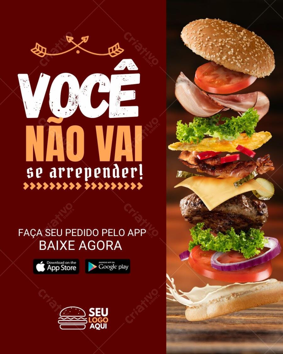 Flyer de promoção hambúrguer gourmet app delivery Editável no Canva