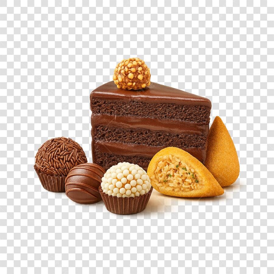 Doces e Salgados Brasileiros Bolo Brigadeiros Coxinha para Festa PNG com fundo transparente