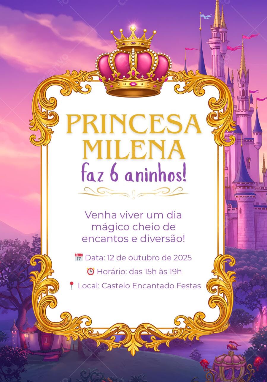 Convite de aniversário infantil princesa castelo mágico rosa e dourado Editável no Canva