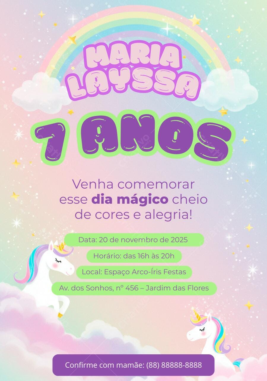 Convite de aniversário infantil unicórnio arco-íris e nuvens mágico Editável no Canva