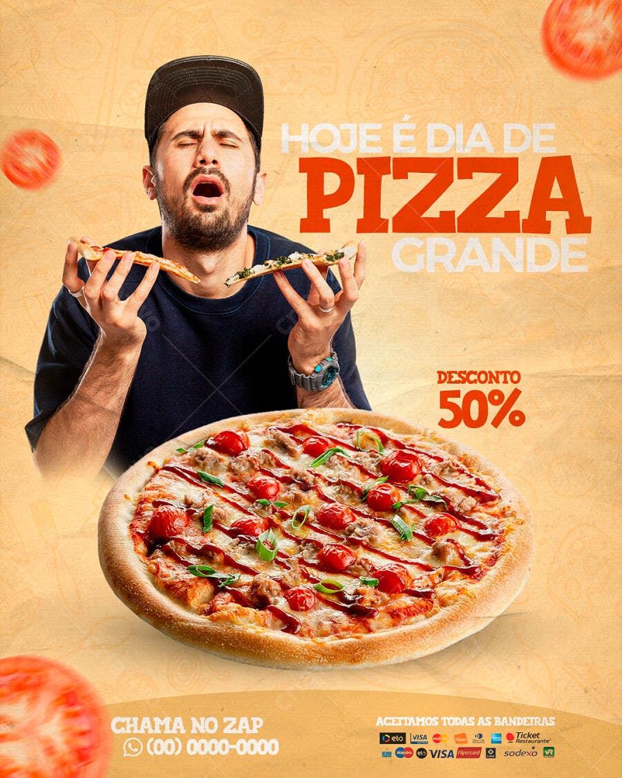 Flyer Promocional para Dia de Pizza Grande 50% Desconto PSD Editável