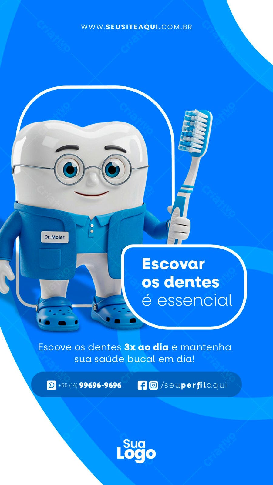 Flyer Odontológico Azul com Dr. Molar para Saúde Bucal Psd Editável