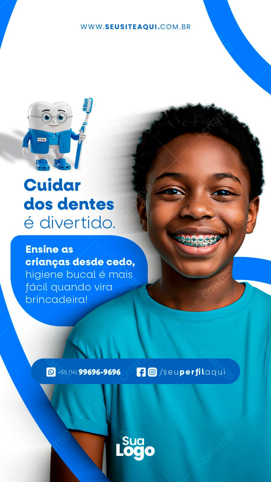 Flyer Odontologia Infantil Menino Sorrindo Aparelho PSD Editável