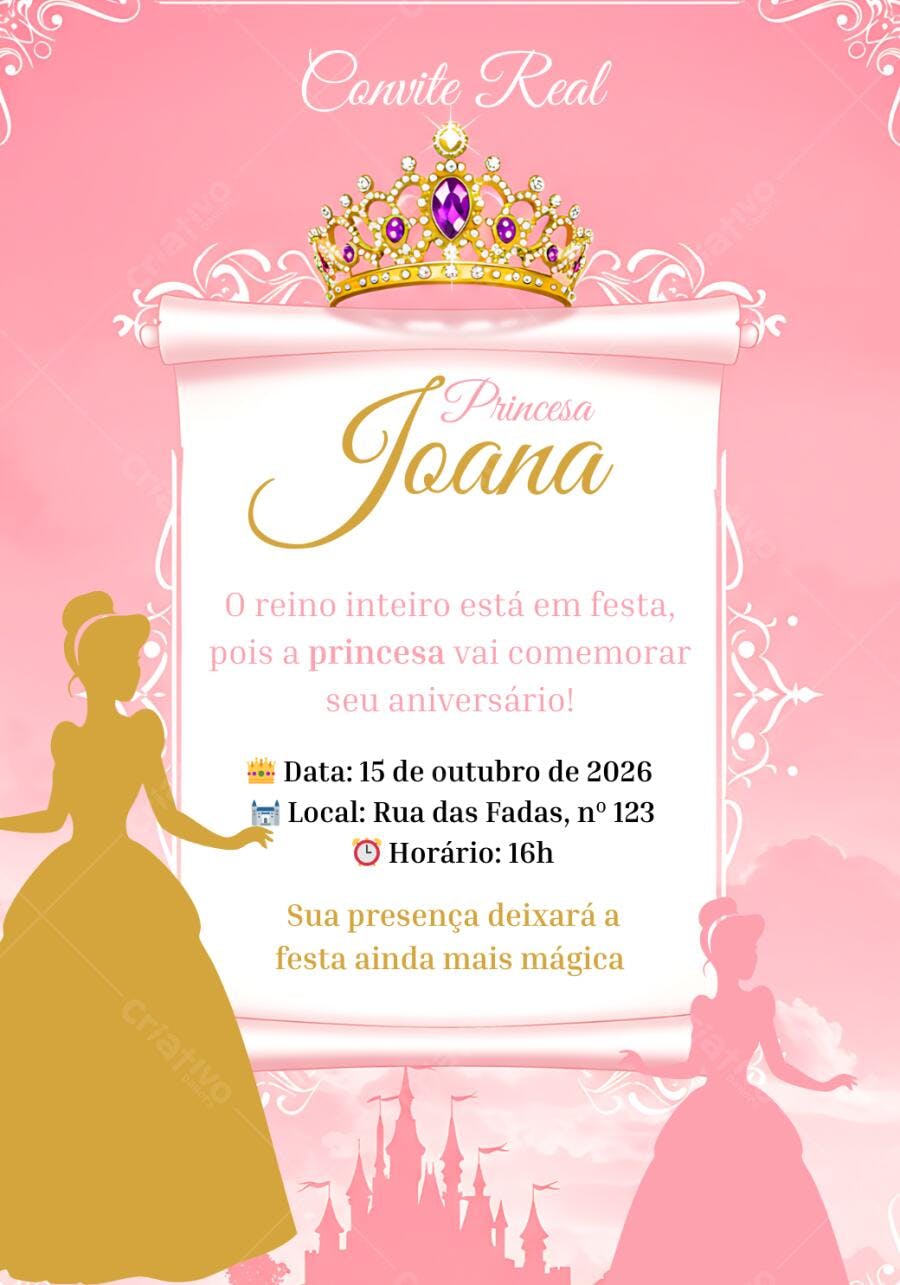 Convite de aniversário infantil tema princesa coroa rosa dourado com castelo Editável no Canva