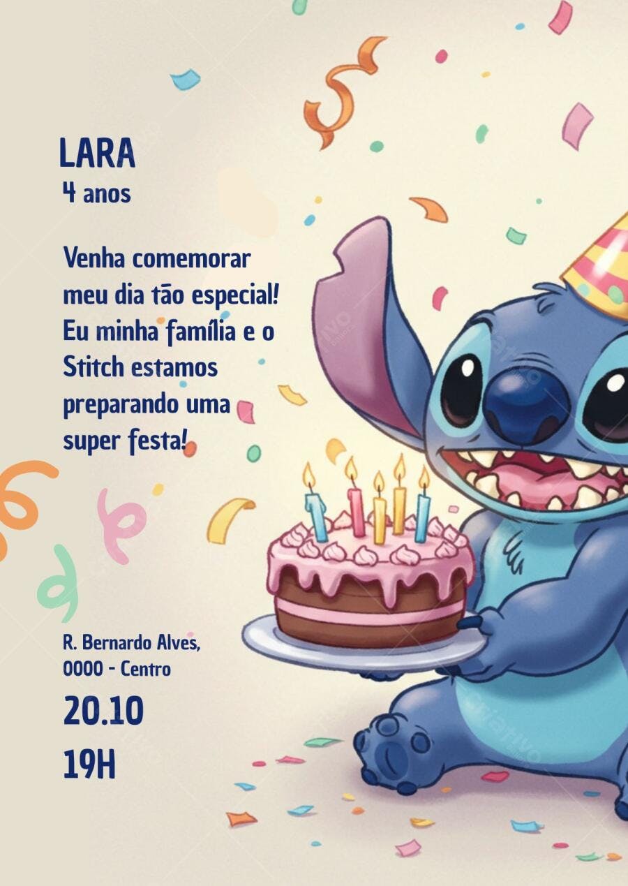 Convite de aniversário infantil Stitch com bolo e confetes coloridos Editável no Canva