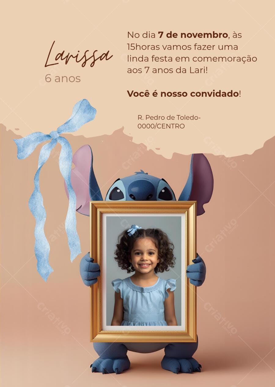 Convite de aniversário infantil Stitch Lilo e Stitch com foto Editável no Canva