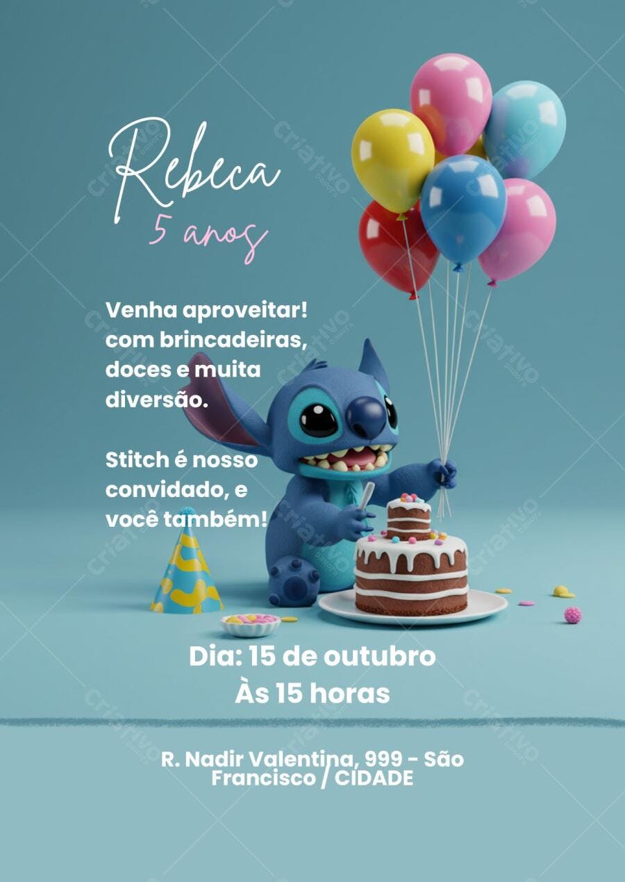 Convite de aniversário infantil Stitch balões coloridos bolo Editável no Canva