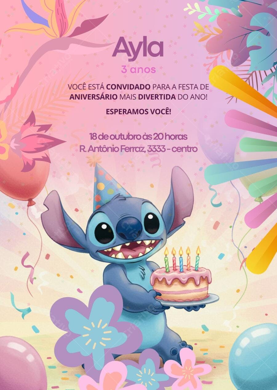 Convite de Aniversário Infantil Stitch Disney com Bolo e Balões Editável no Canva