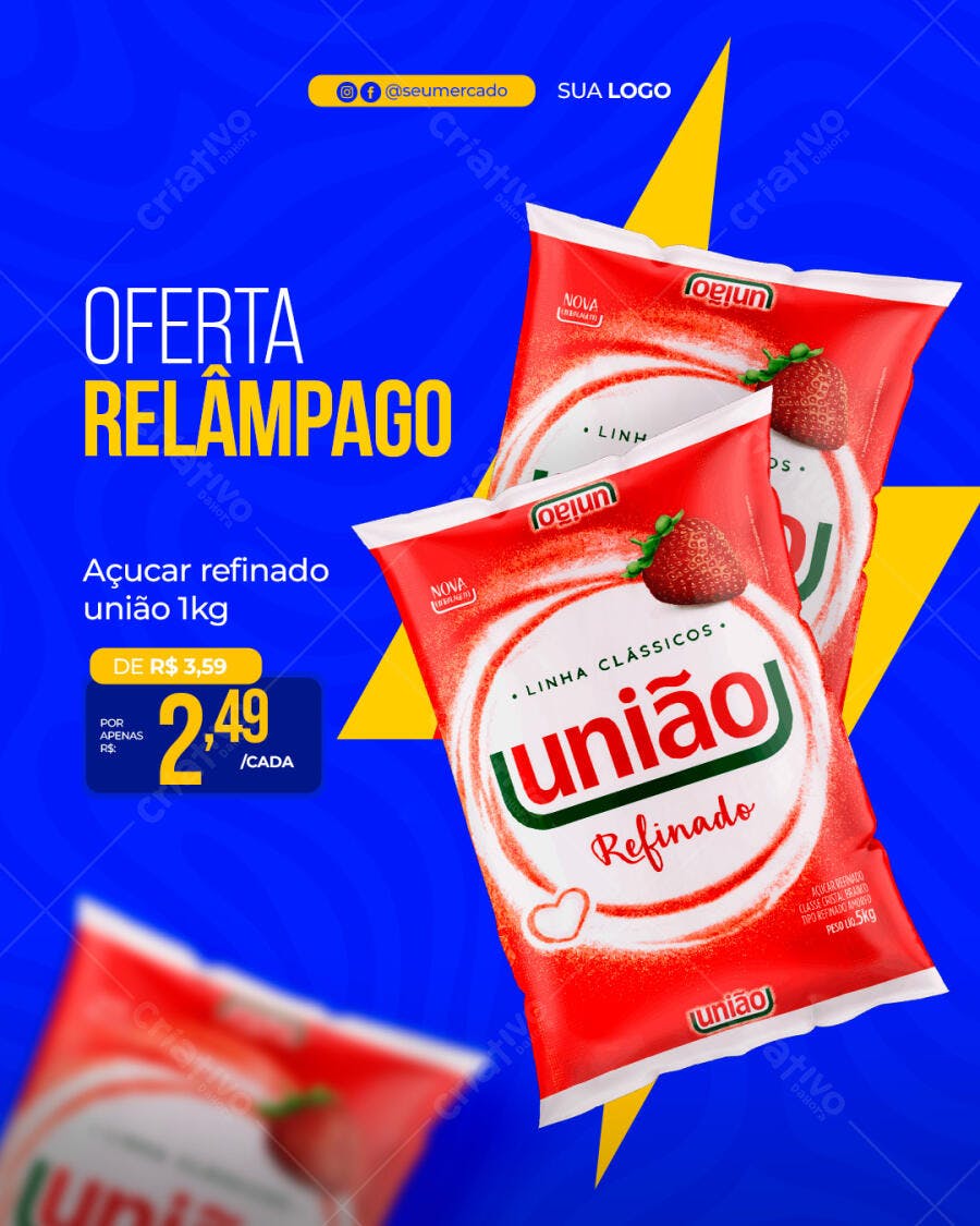 Flyer Supermercado Oferta Relâmpago Açúcar União PSD Editável
