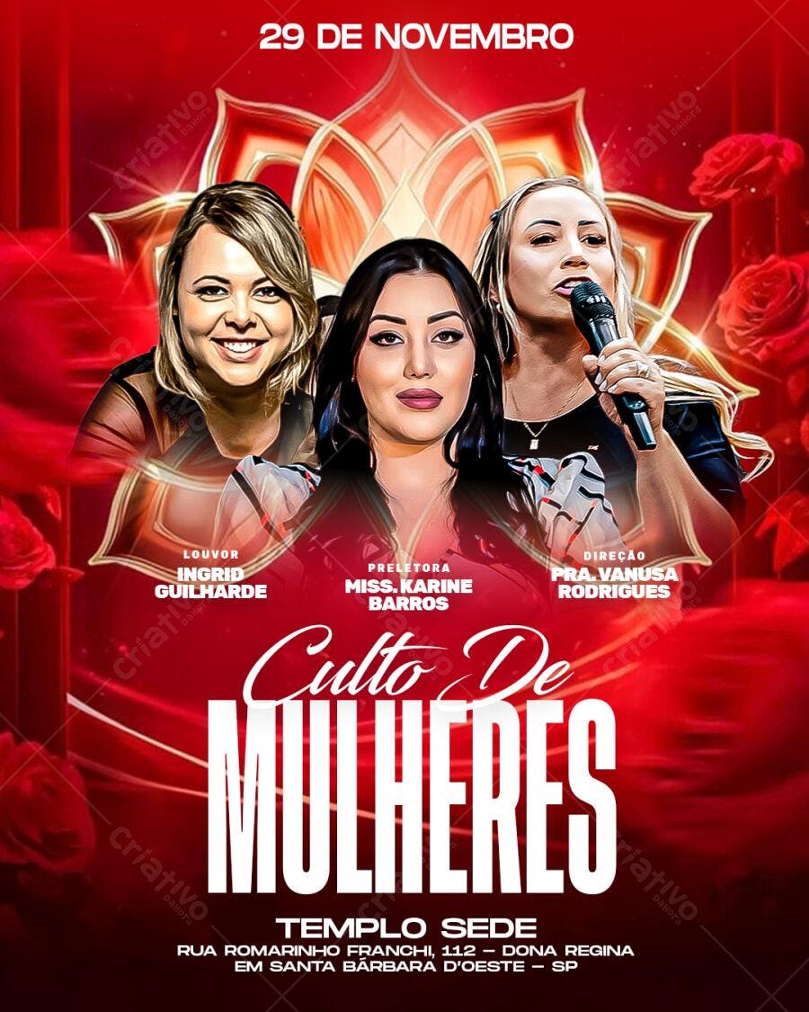 Flyer Vermelho Culto de Mulheres com Líderes Religiosas Psd Editável