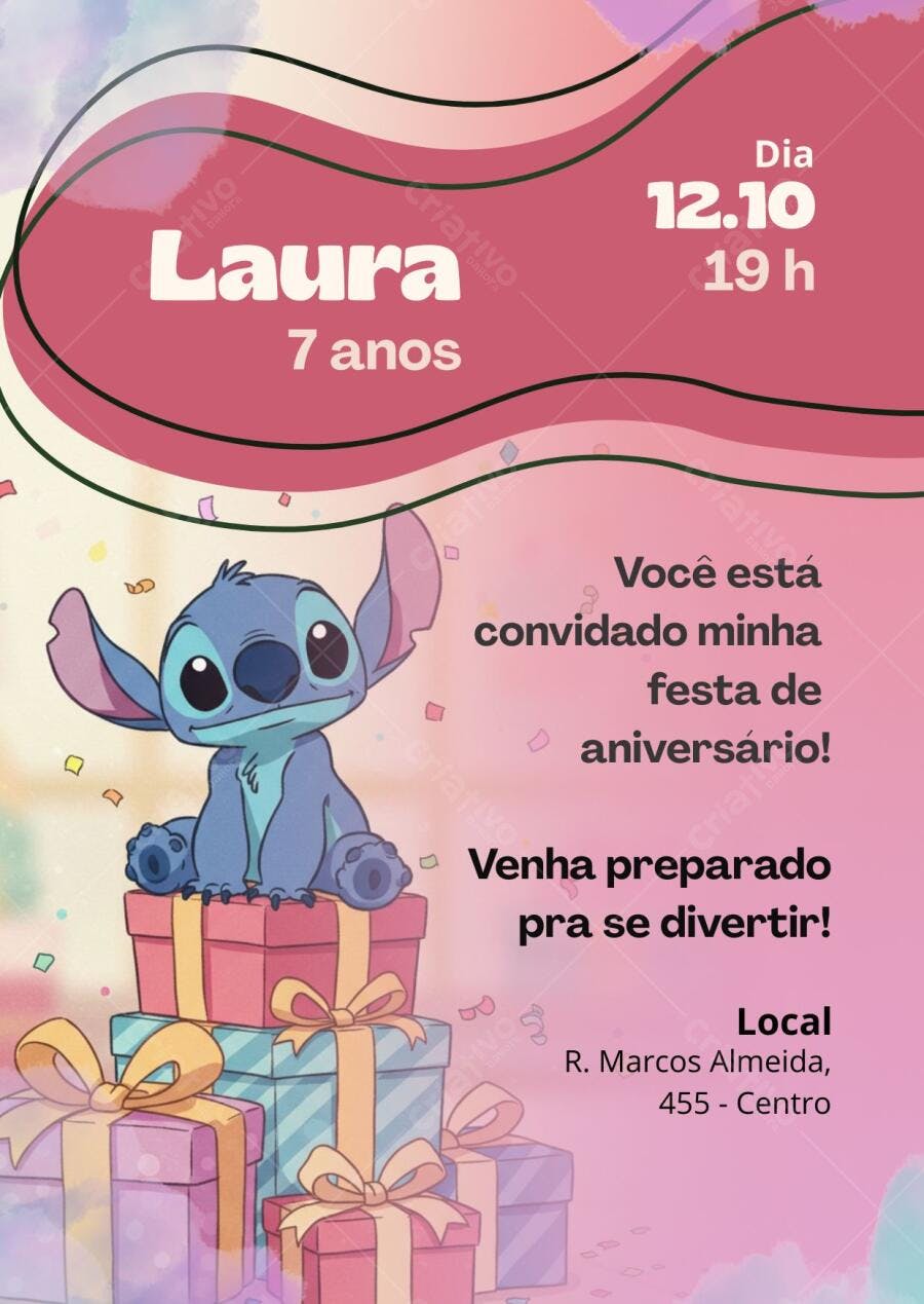 Convite de aniversário infantil Stitch Disney com presentes rosa Editável no Canva