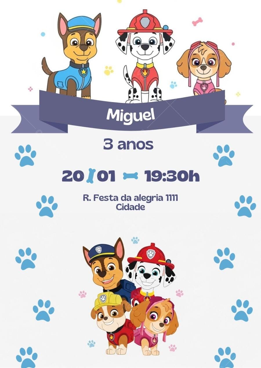 Convite aniversário infantil Patrulha Canina com Chase Marshall Skye e laço azul Editável no Canva