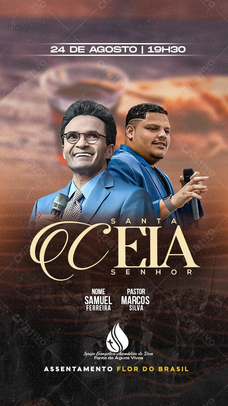 Flyer Santa Ceia Igreja com Pastores Samuel Ferreira e Marcos Silva PSD Editável