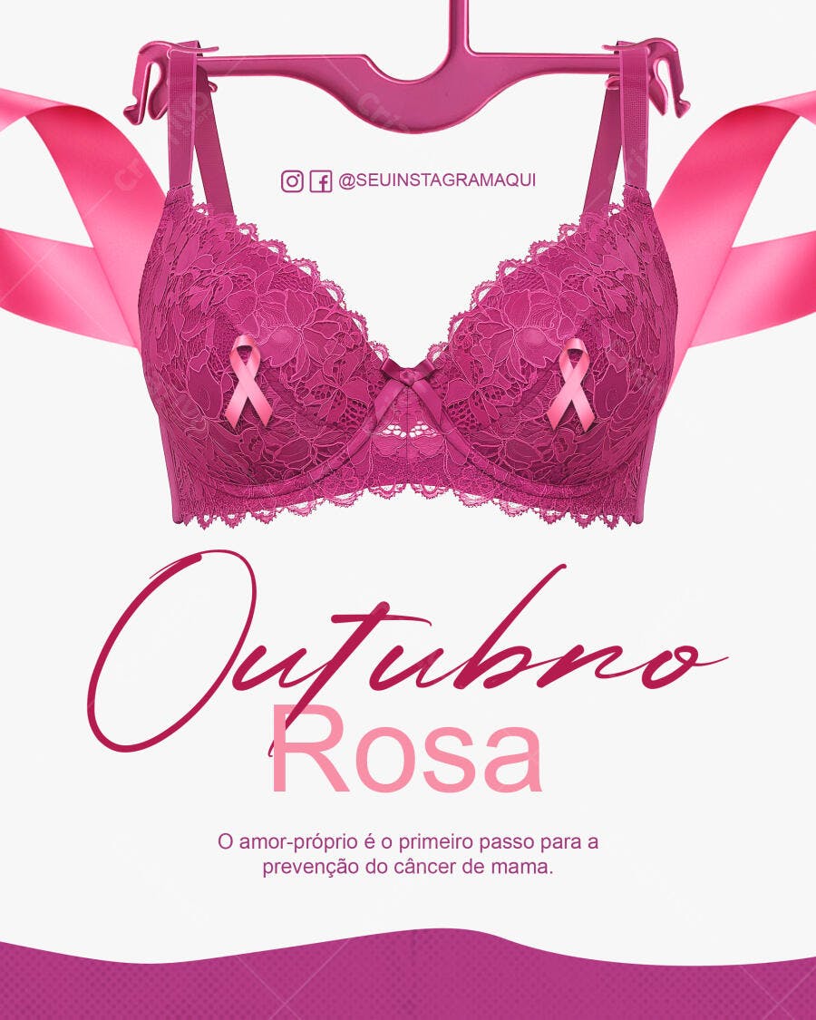Flyer Outubro Rosa Prevenção Câncer Mama Sutiã Renda Fúcsia PSD Editável
