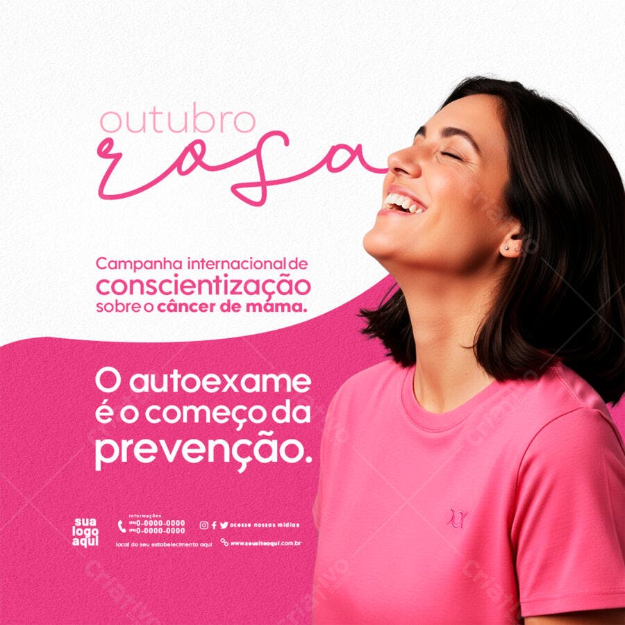 Flyer Conscientização Câncer de Mama Outubro Rosa Mulher Feliz Psd Editável