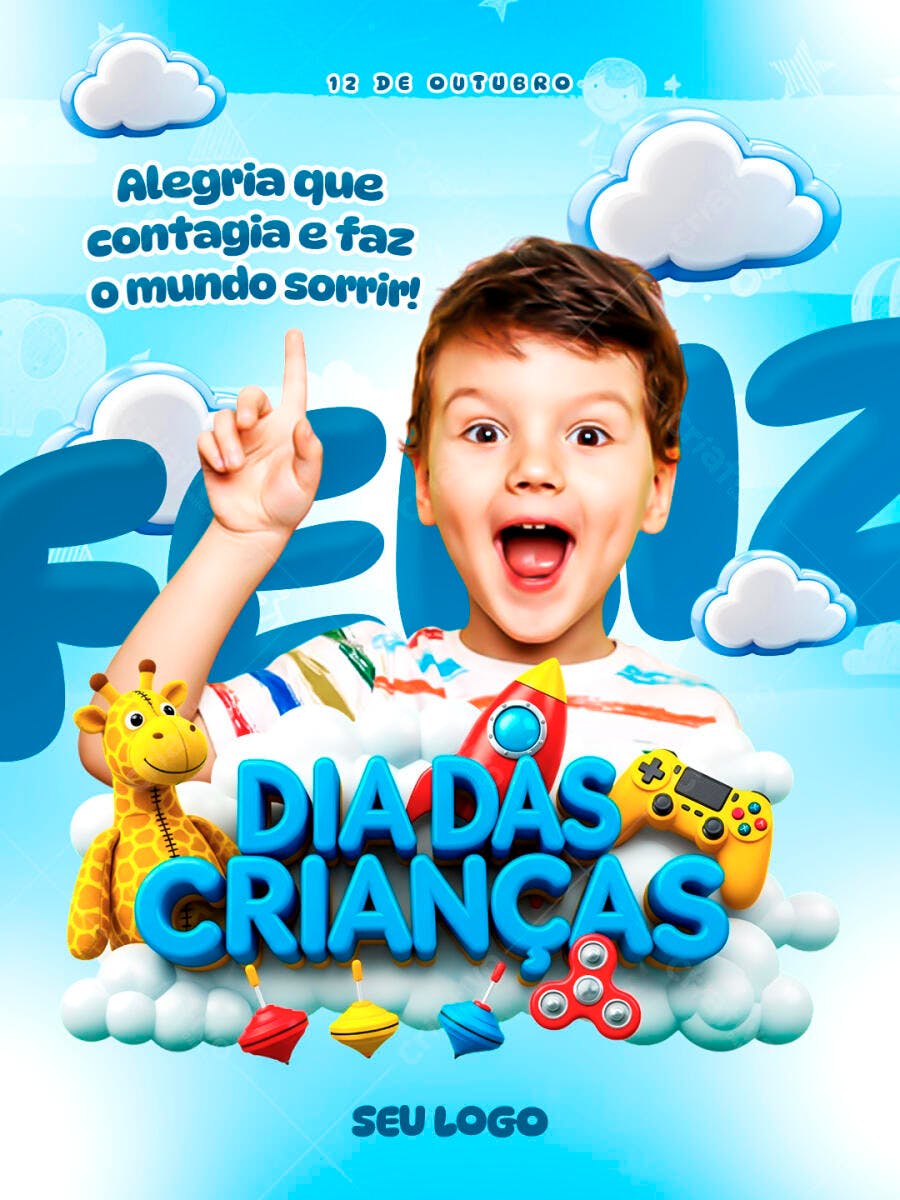Flyer Dia das Crianças com Criança Feliz e Brinquedos PSD Editável