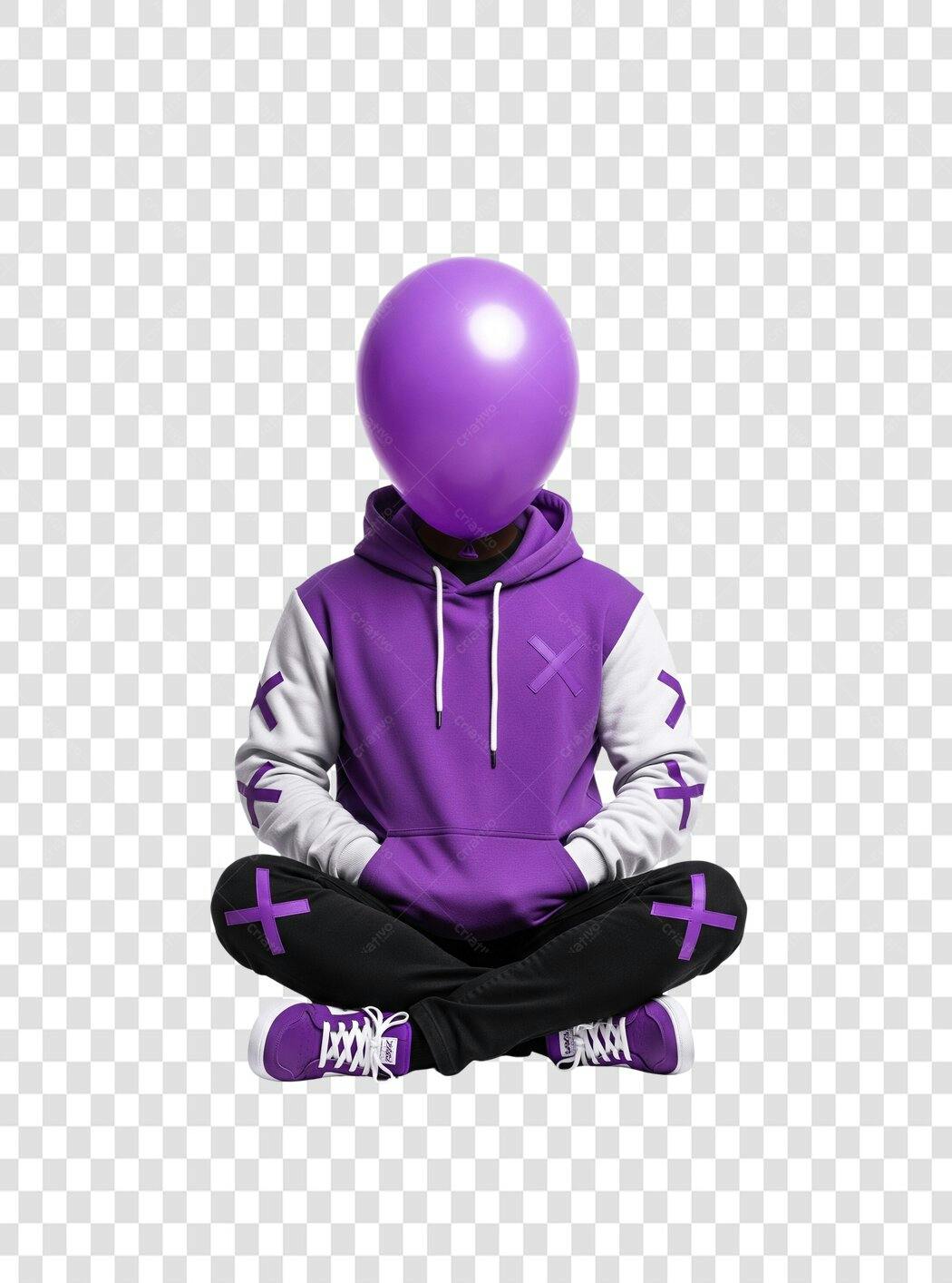 Personagem jovem com balão roxo e moletom estilizado PNG com fundo transparente