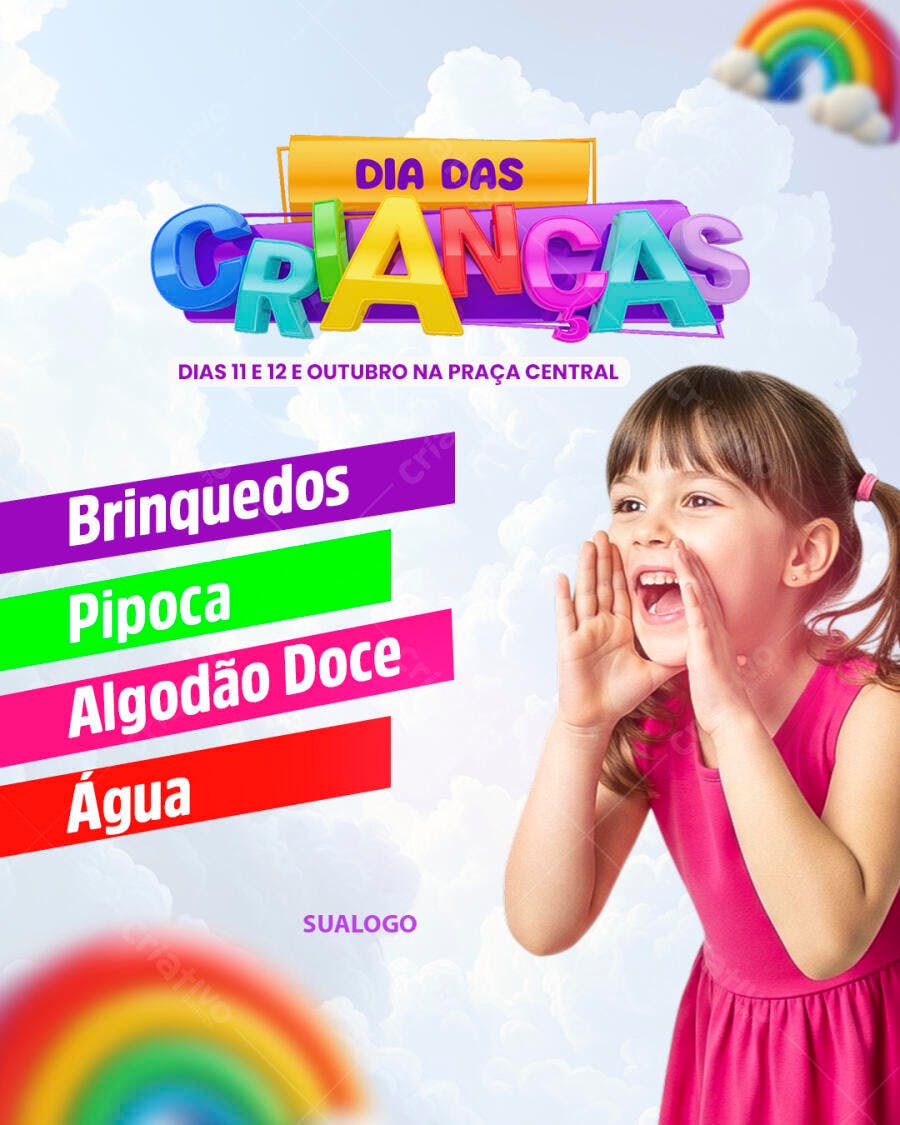 Flyer Dia das Crianças com Brinquedos Pipoca Algodão Doce PSD Editável