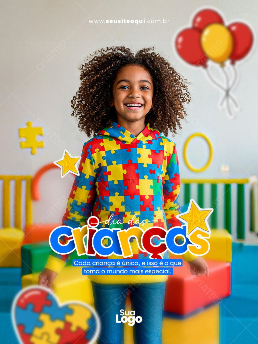 Post para Dia das Crianças Menina Sorrindo Quebra-Cabeça PSD Editável
