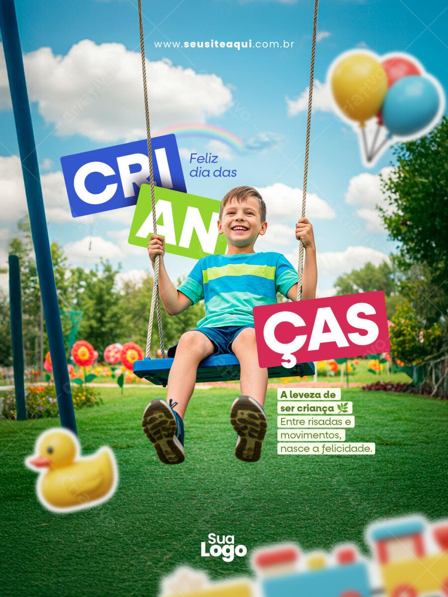 Post para Redes Sociais Dia das Crianças Menino Sorridente no Balanço PSD Editável