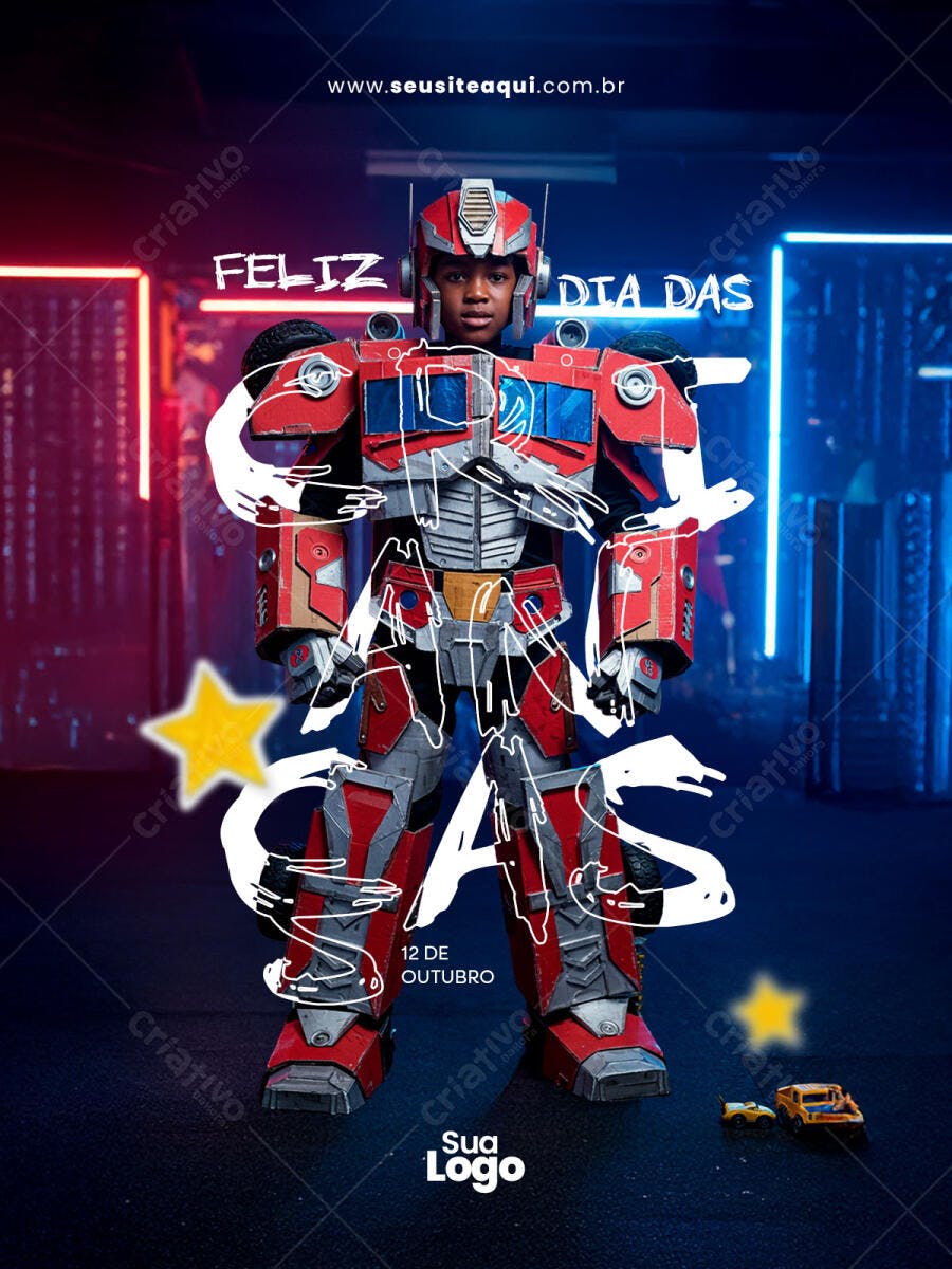 Flyer Dia das Crianças Menino Negro Robô Optimus Prime Neon PSD Editável