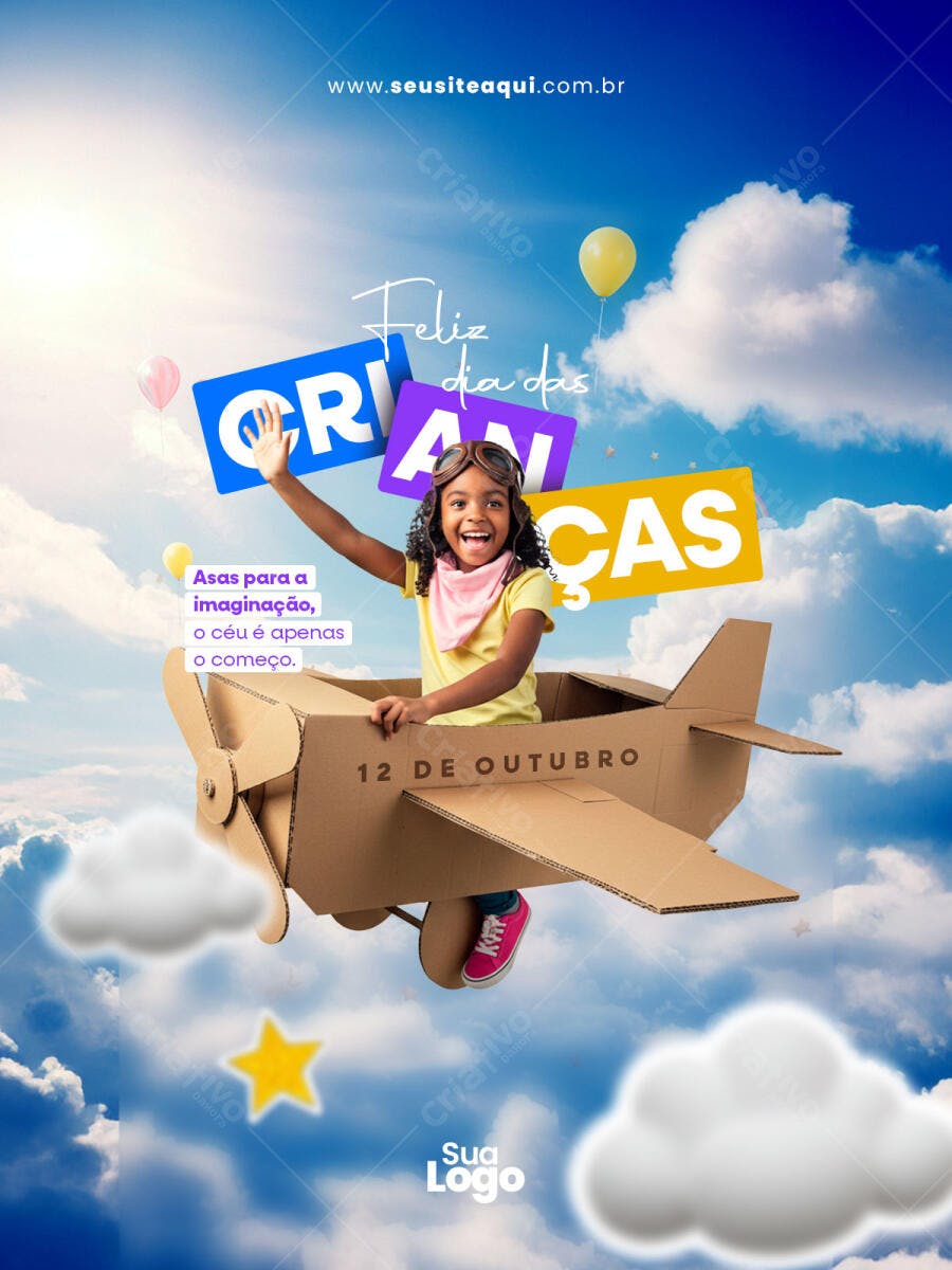 Post Dia das Crianças Menina Aviadora 12 Outubro PSD Editável