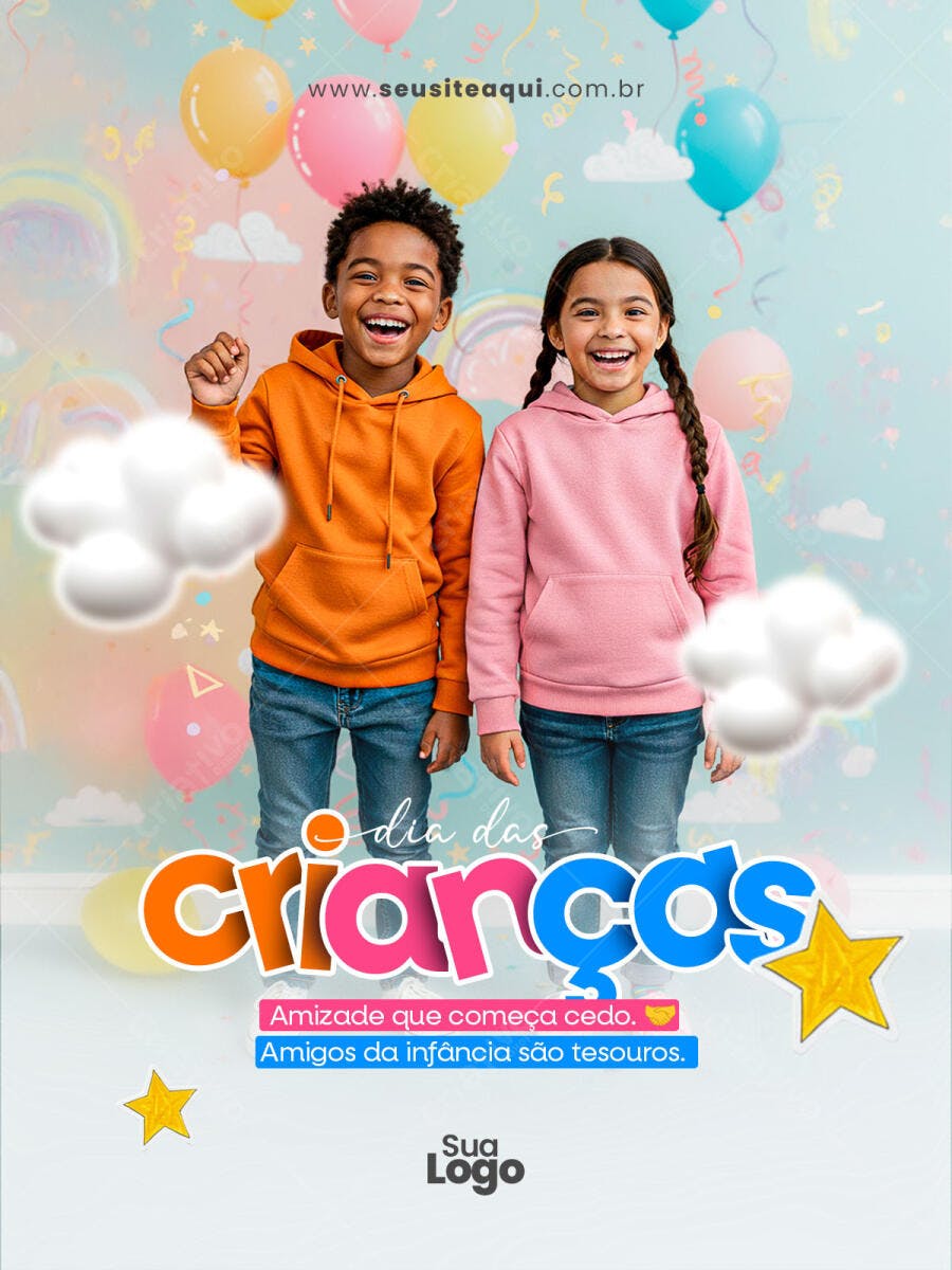 Post Redes Sociais Dia das Crianças Menino Menina Balões PSD Editável