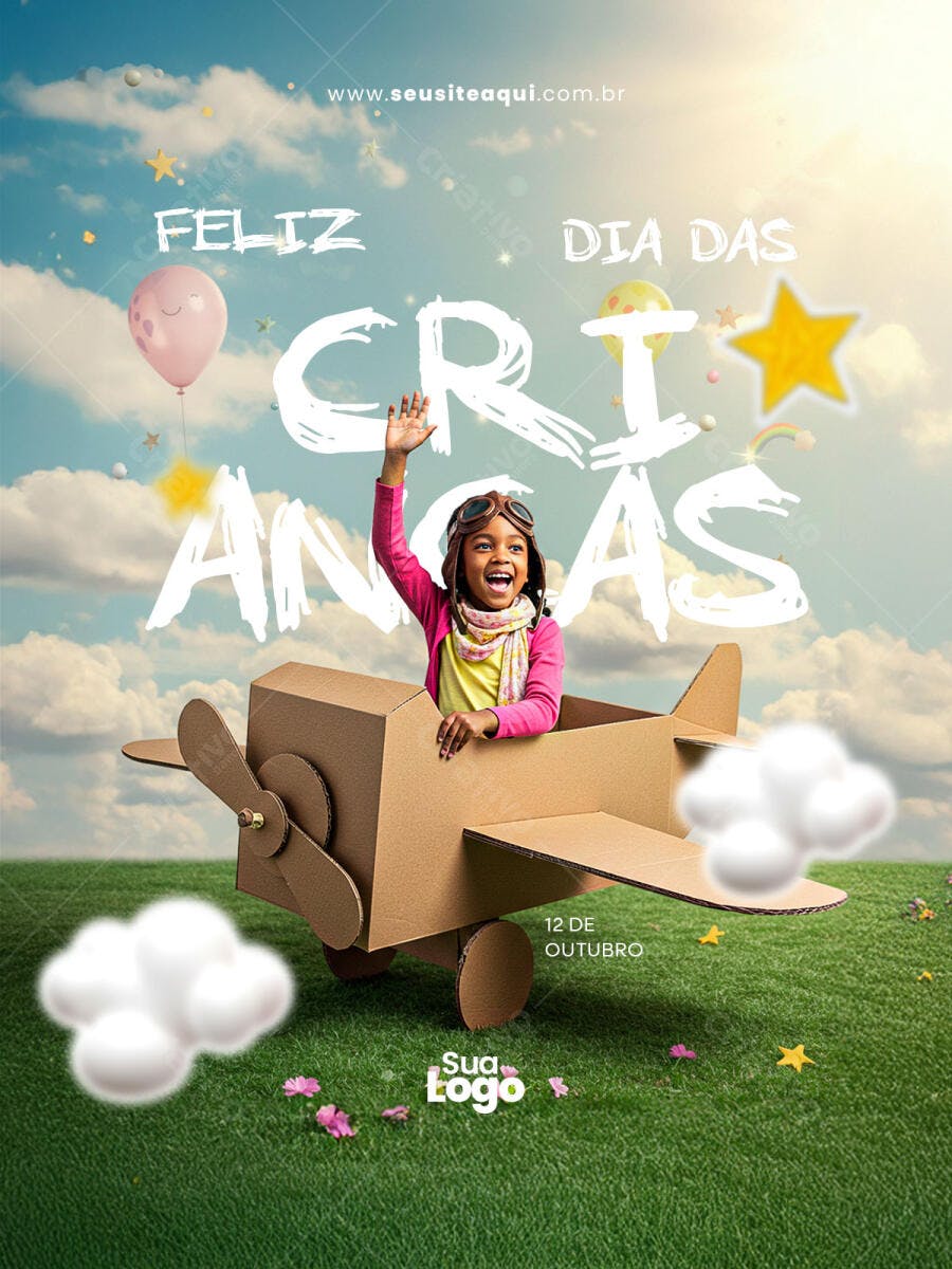 Flyer Dia das Crianças com Menina em Avião de Papelão PSD Editável